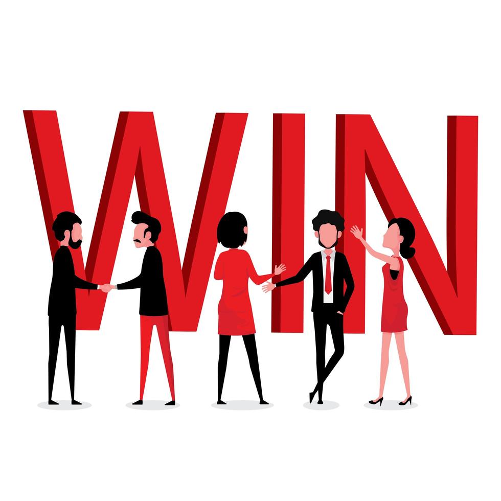 Business men and women with large red win text vector