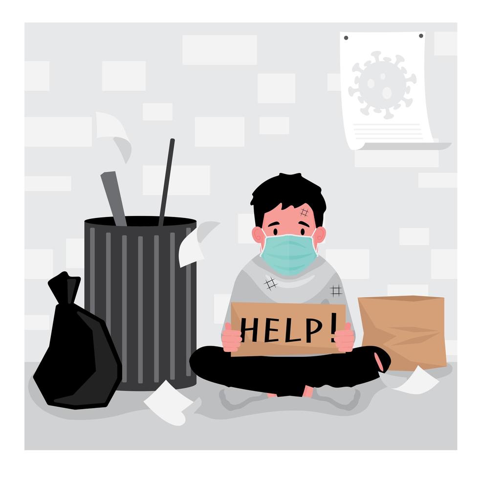 Masked homeless man by garbage holding help sign vector