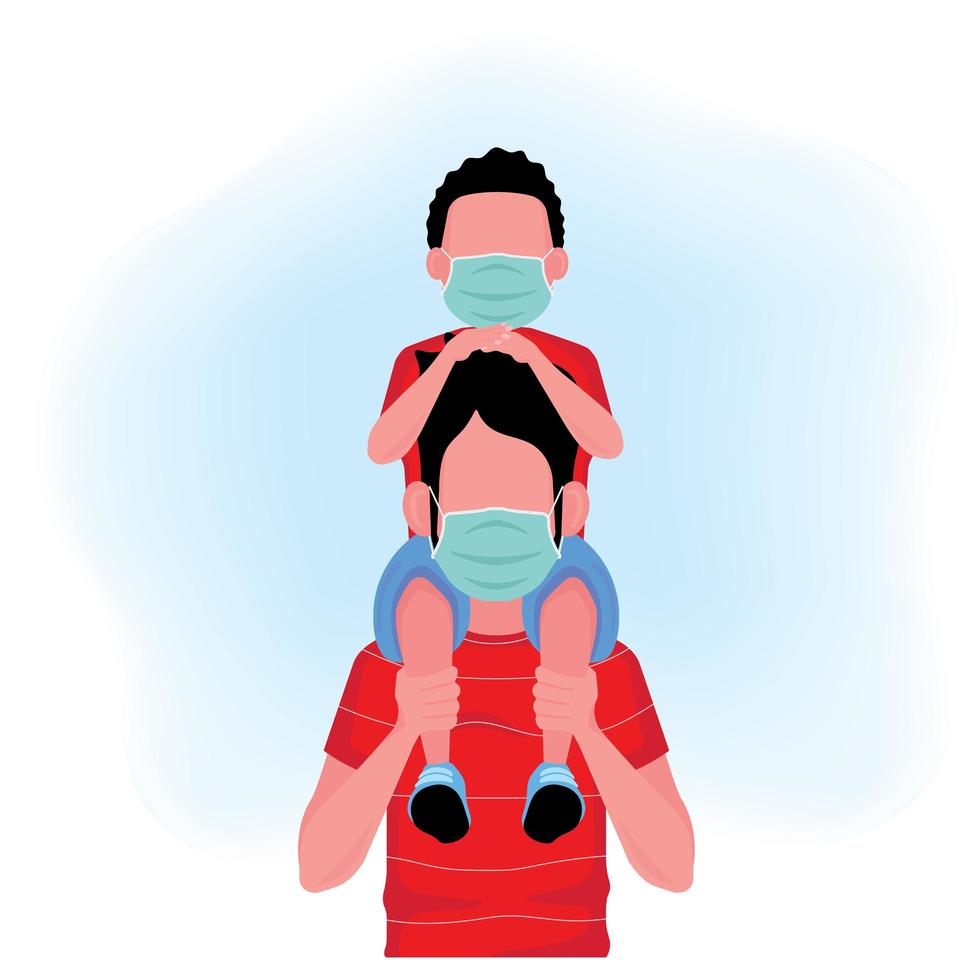 Masked child rides on masked father's shoulders vector