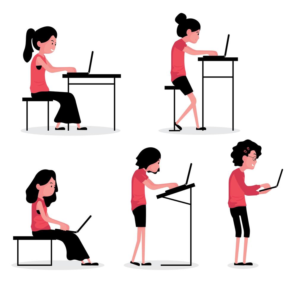 Character posture set with people sitting and standing with laptops vector