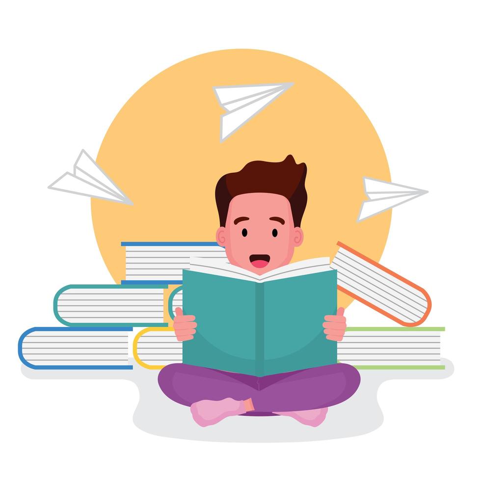 Boy sitting on books and reading a book vector