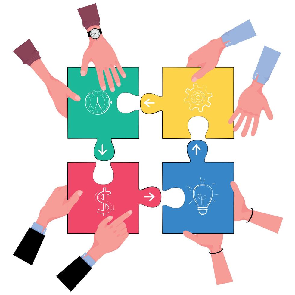 Four hands holding jigsaw pieces in 4 colors vector