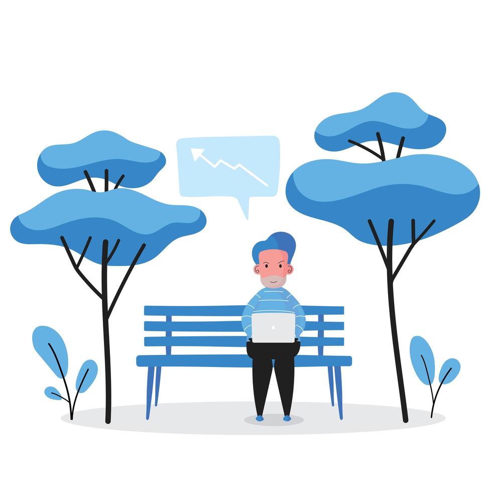 Man on bench working on laptop in park vector