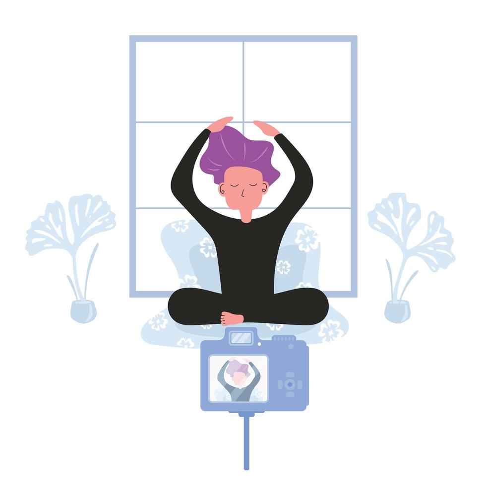 Lady participates in yoga online class from home vector