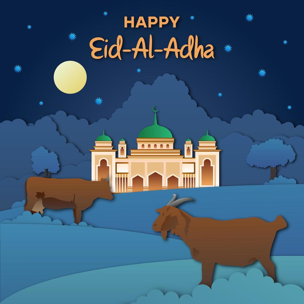 Banner de recorte nocturno de eid adha con animales y mezquita vector