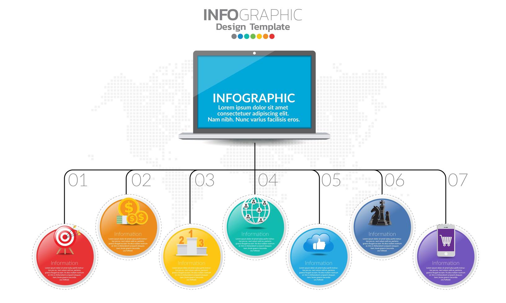 colorido círculo brillante 7 opción infografía con laptop vector