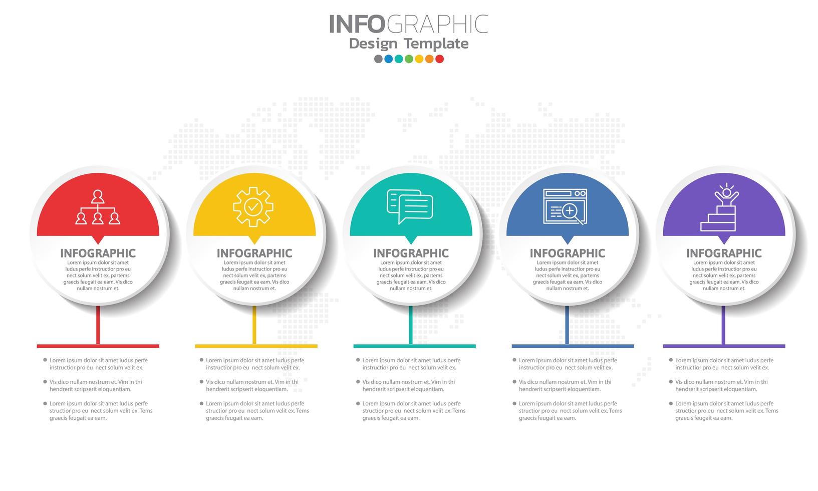 Infographic with 5 half white and half colorful circles vector