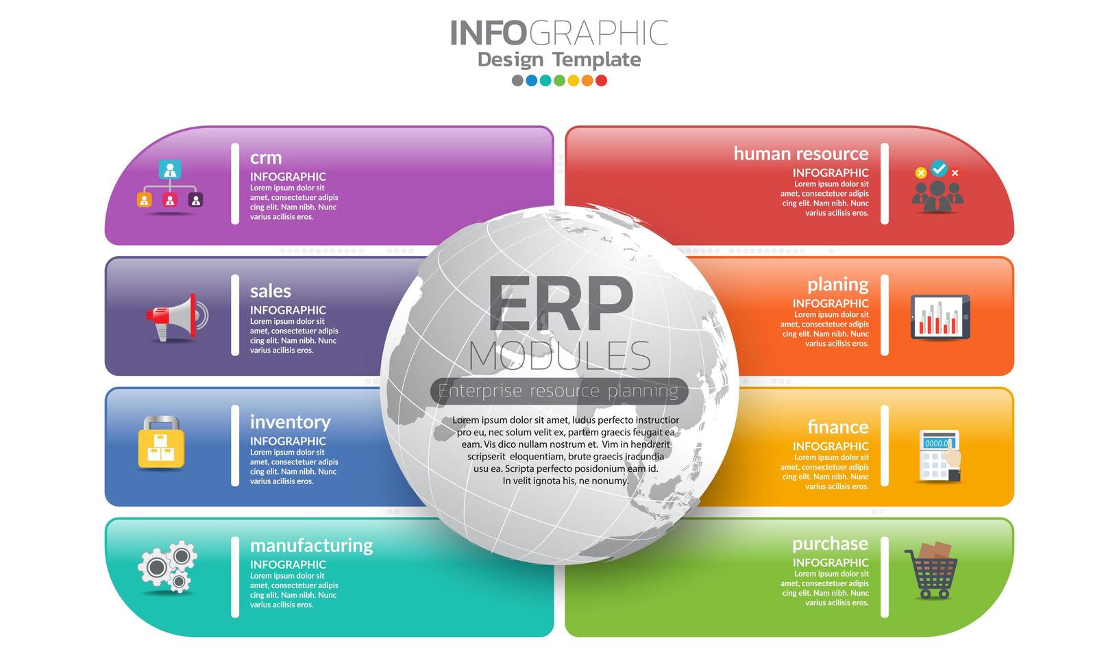 Colorful rounded rectangle enterprise resource planning module infographic vector