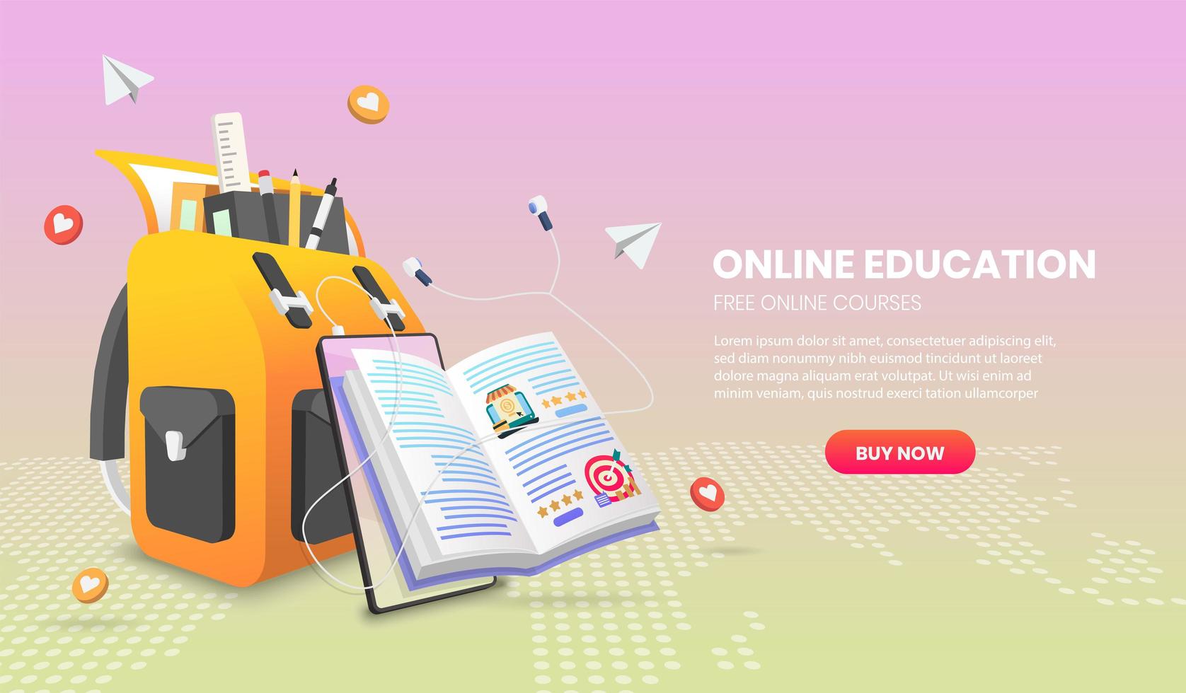 E-learning banner with bag, book, and mobile phone vector