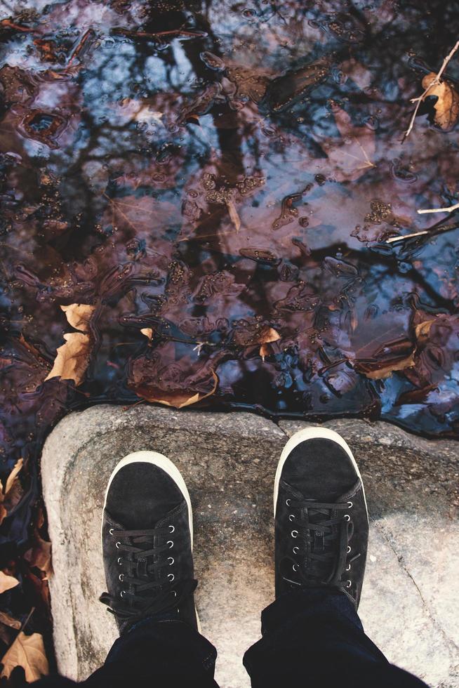 Person looking down at puddle  photo