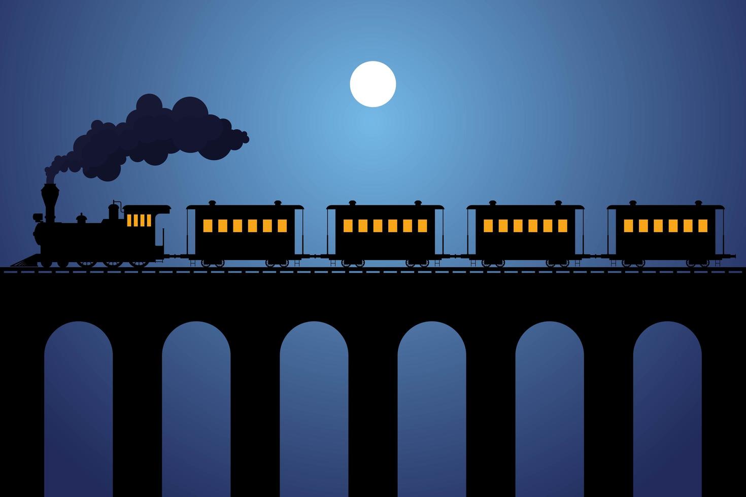 Steam train silhouette with wagons on the bridge vector