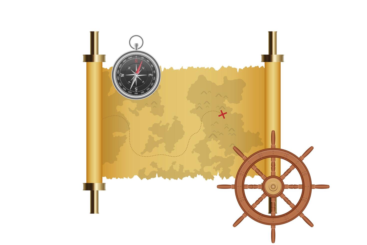 Treasure map, ship wheel and magnetic compass isolated  vector