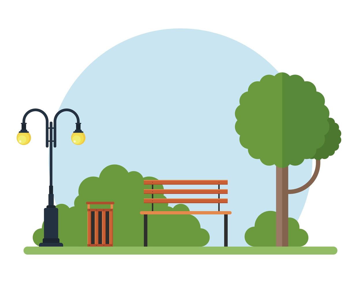 Tree, bench, lamp and trash can vector