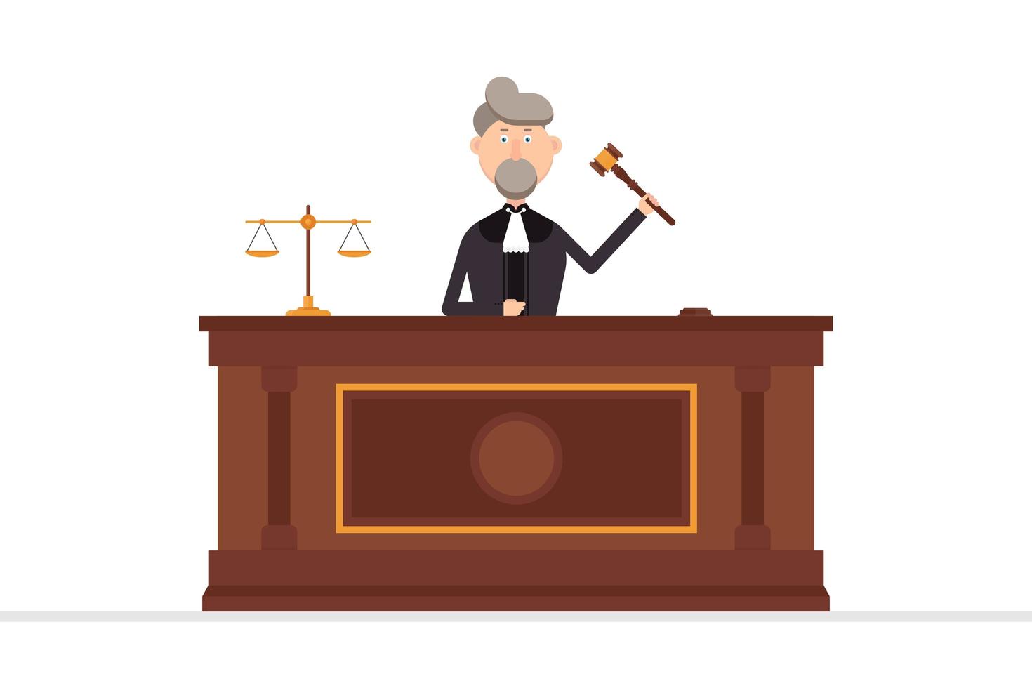 Juez de carácter en la sala del tribunal con un mazo en la mano izquierda vector