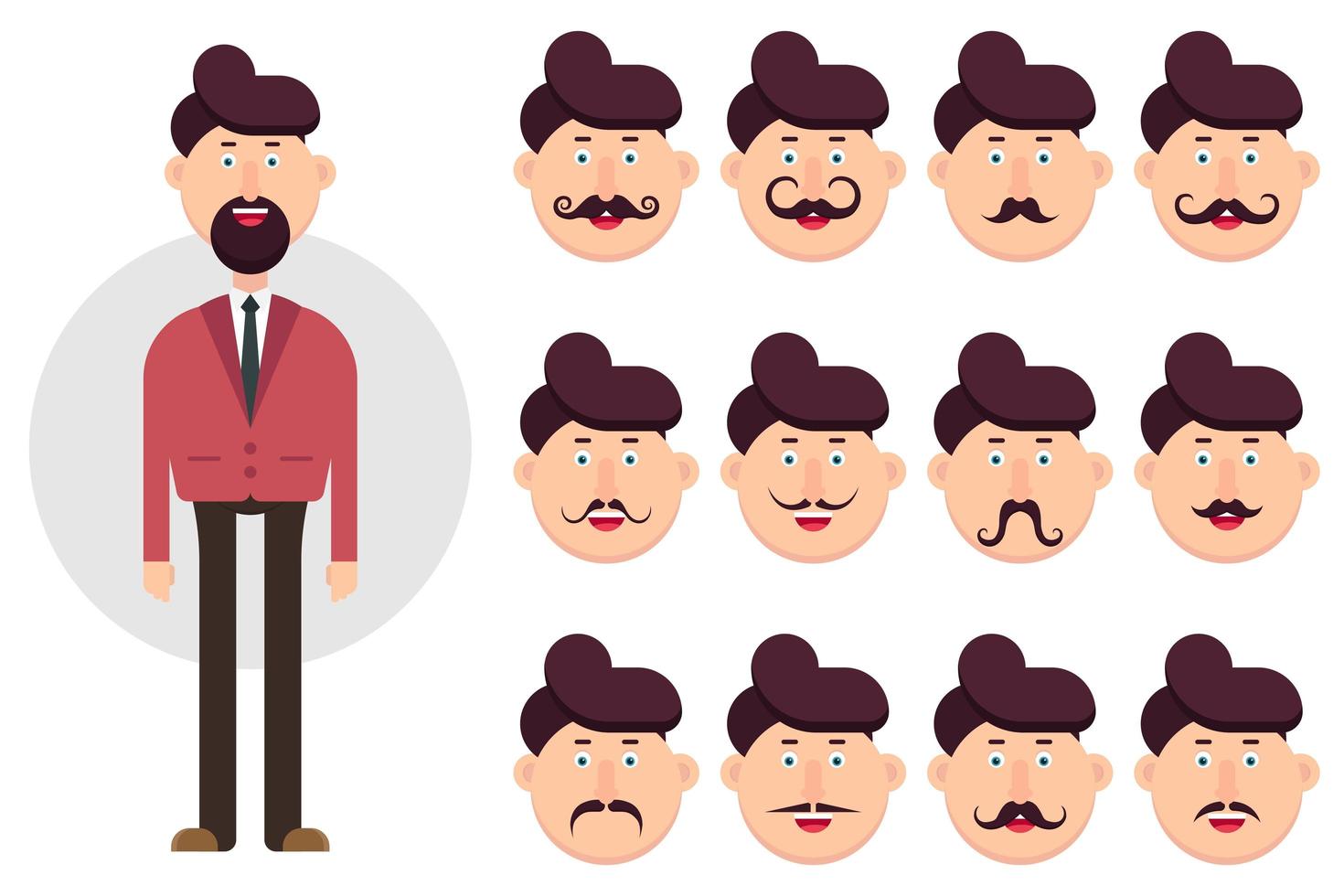 Carácter de hombre con diferentes tipos de bigotes. vector