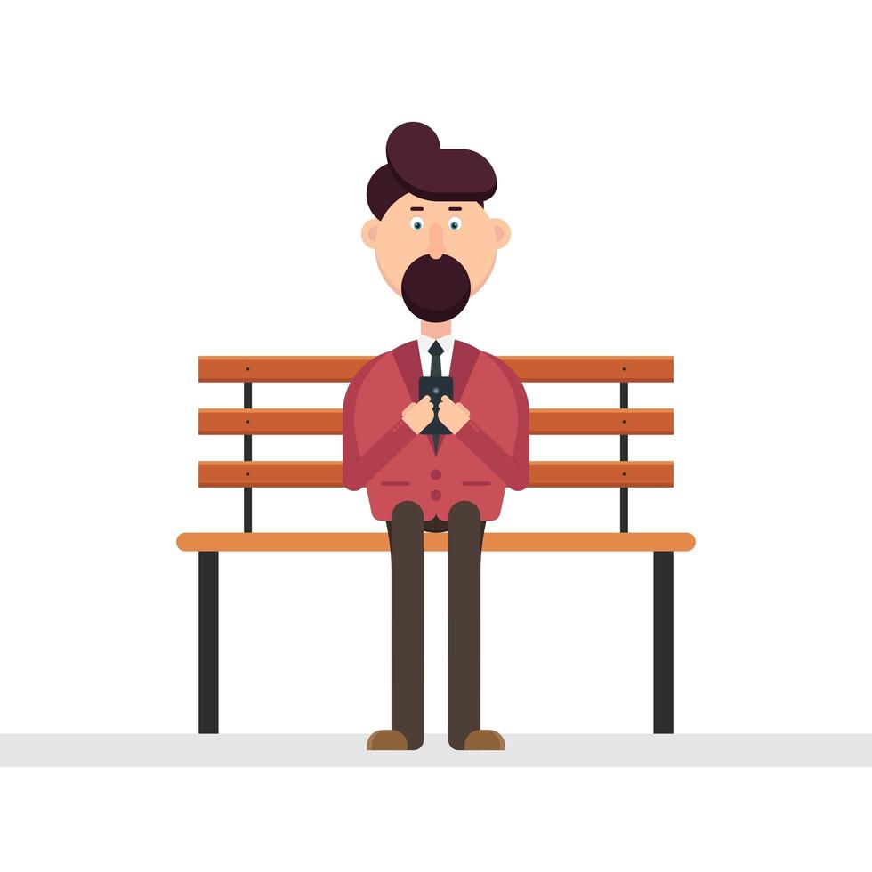 Man character using smartphone on the bench  vector