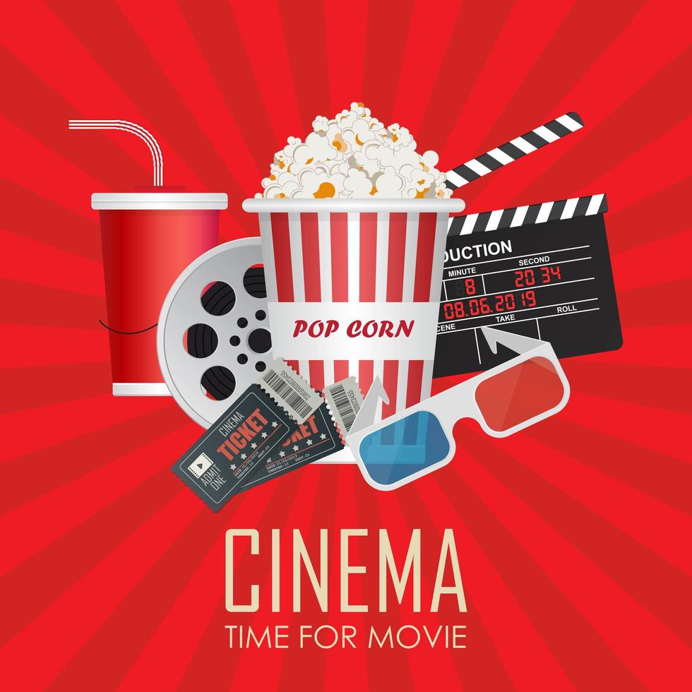 Time for movie poster with cinema items on red vector