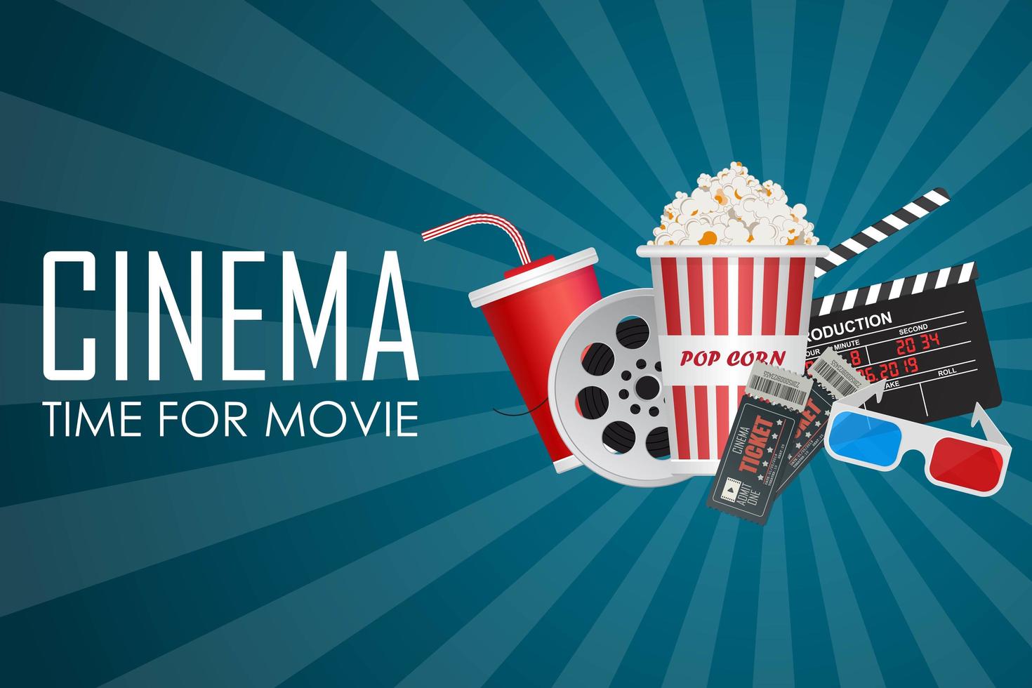 Time for movie poster with cinema elements on blue vector