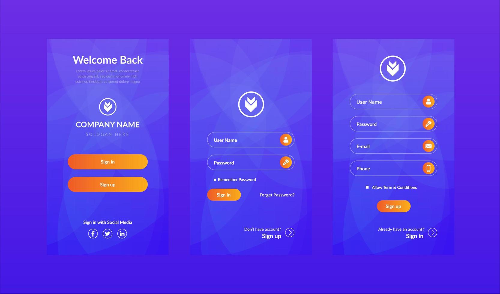 Blue mobile UI kit login and sign up screen set  vector