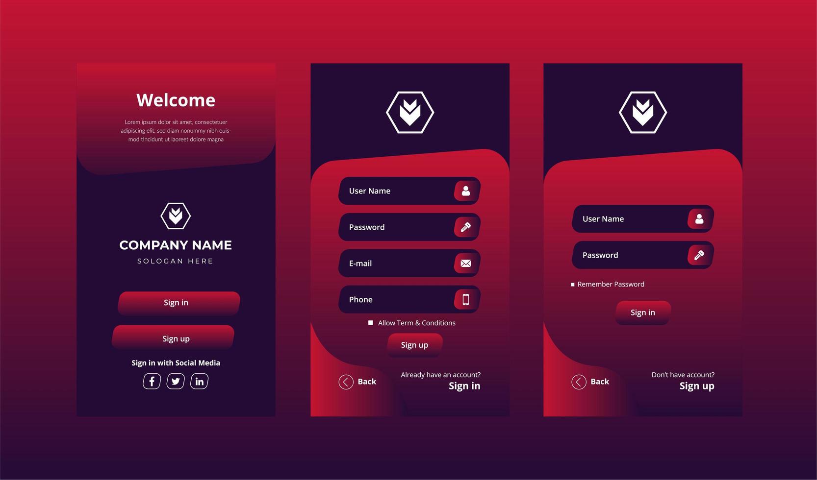 Red Login Screens Set with Account Sign In and Sign Up  vector