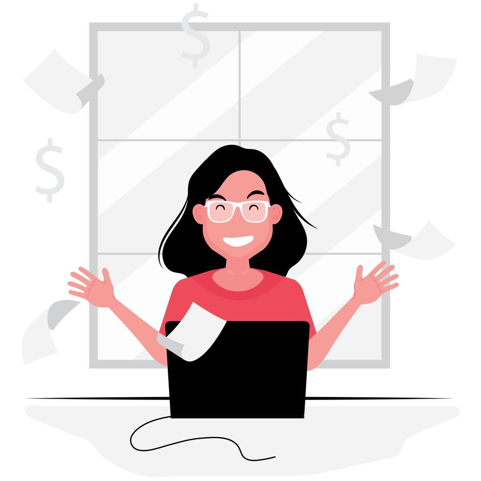 mujer feliz delante de la computadora portátil vector