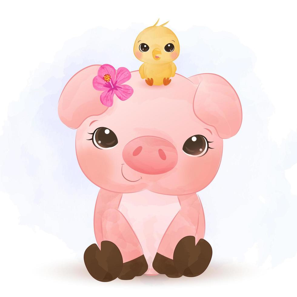 Adorable little pig and little chicken together vector