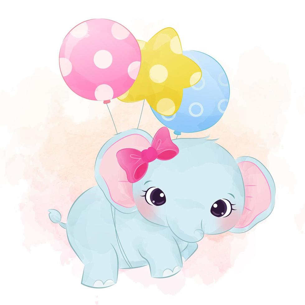 lindo bebé elefante volando con globos vector