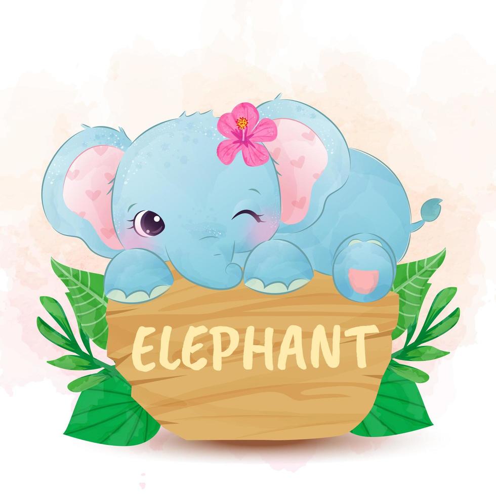 lindo bebé elefante en cartel con flor en la cabeza vector