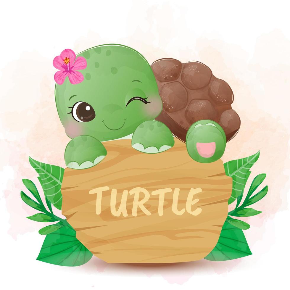 Adorable tortuga verde sonriendo con flor en la cabeza vector