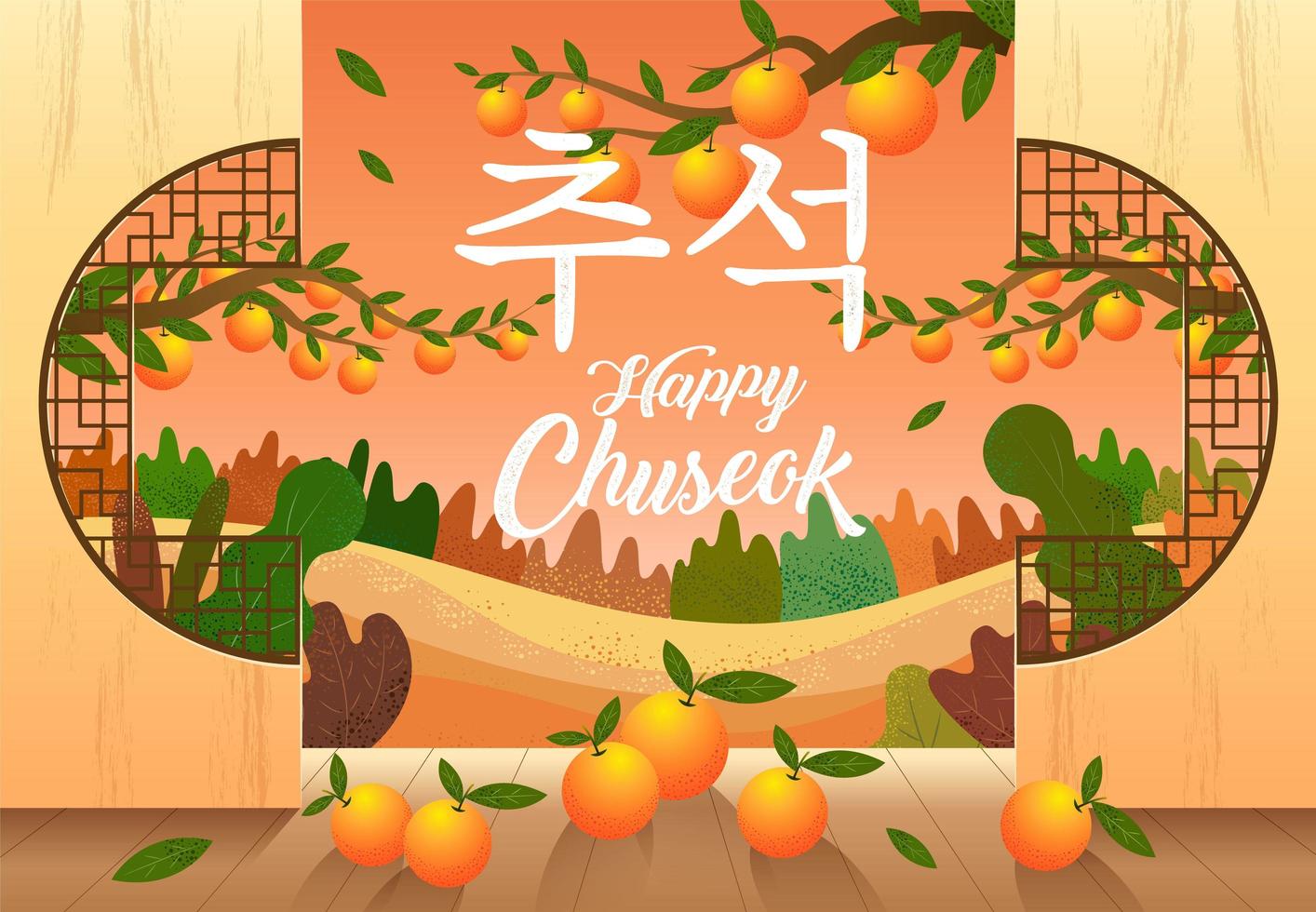 feliz diseño chuseok con naranjas y paisaje vector