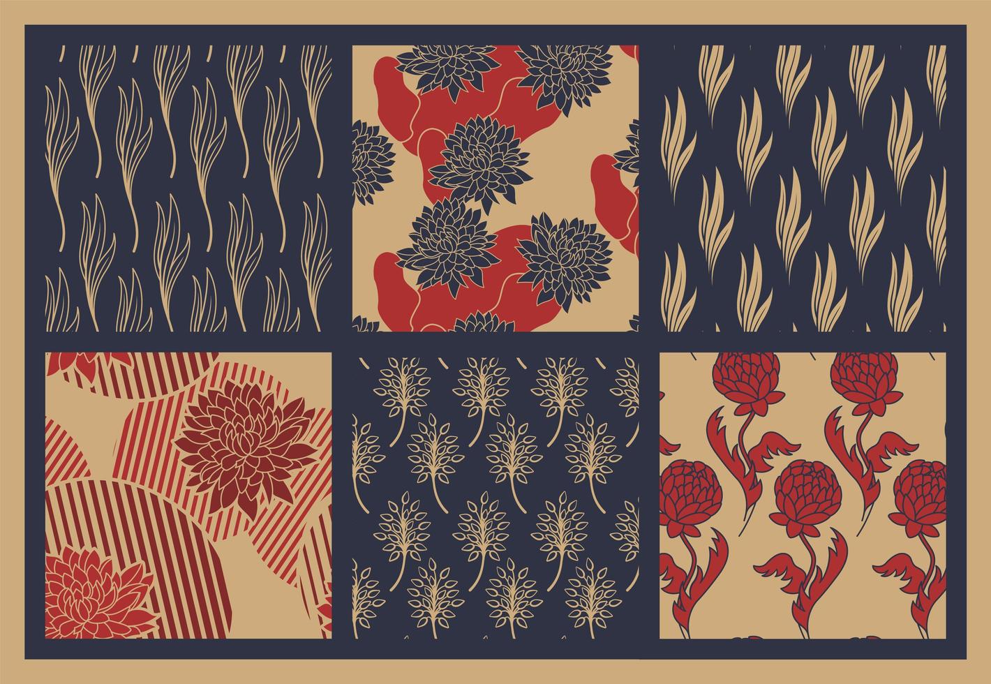 Set of red and blue floral seamless pattern vector