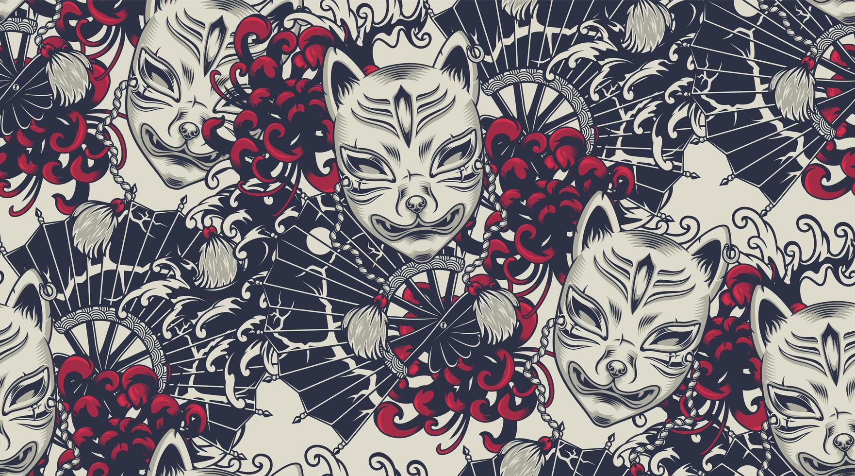 Japanese theme seamless pattern with a Kitsune mask vector