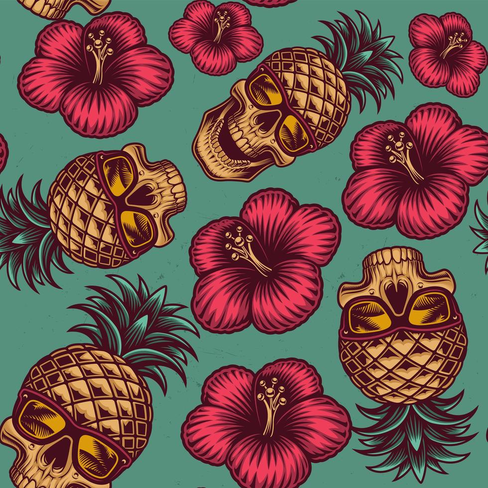 Hawaiian theme pineapple skull and flowers seamless pattern vector