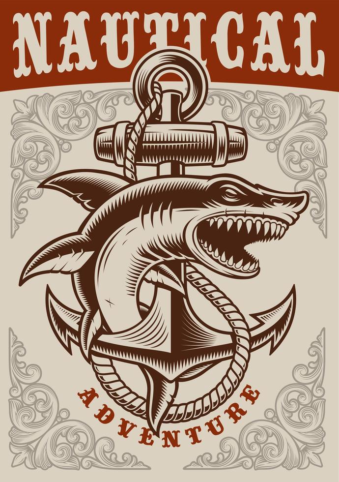 cartel náutico vintage con ancla y tiburón vector