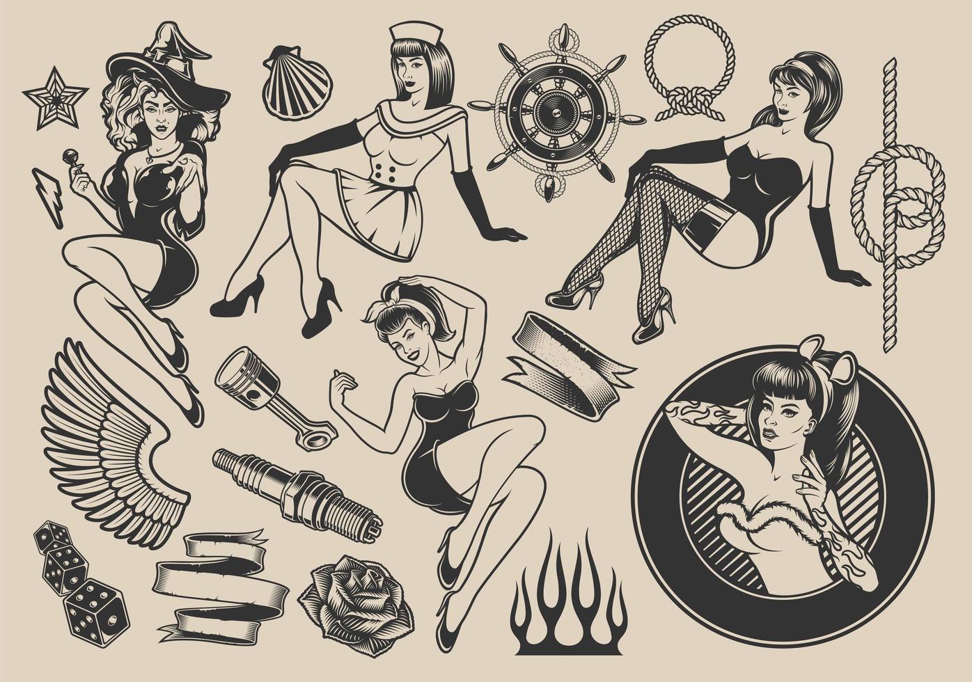 diseños de tatuajes pin-up, marine, rockabilly y halloween vector