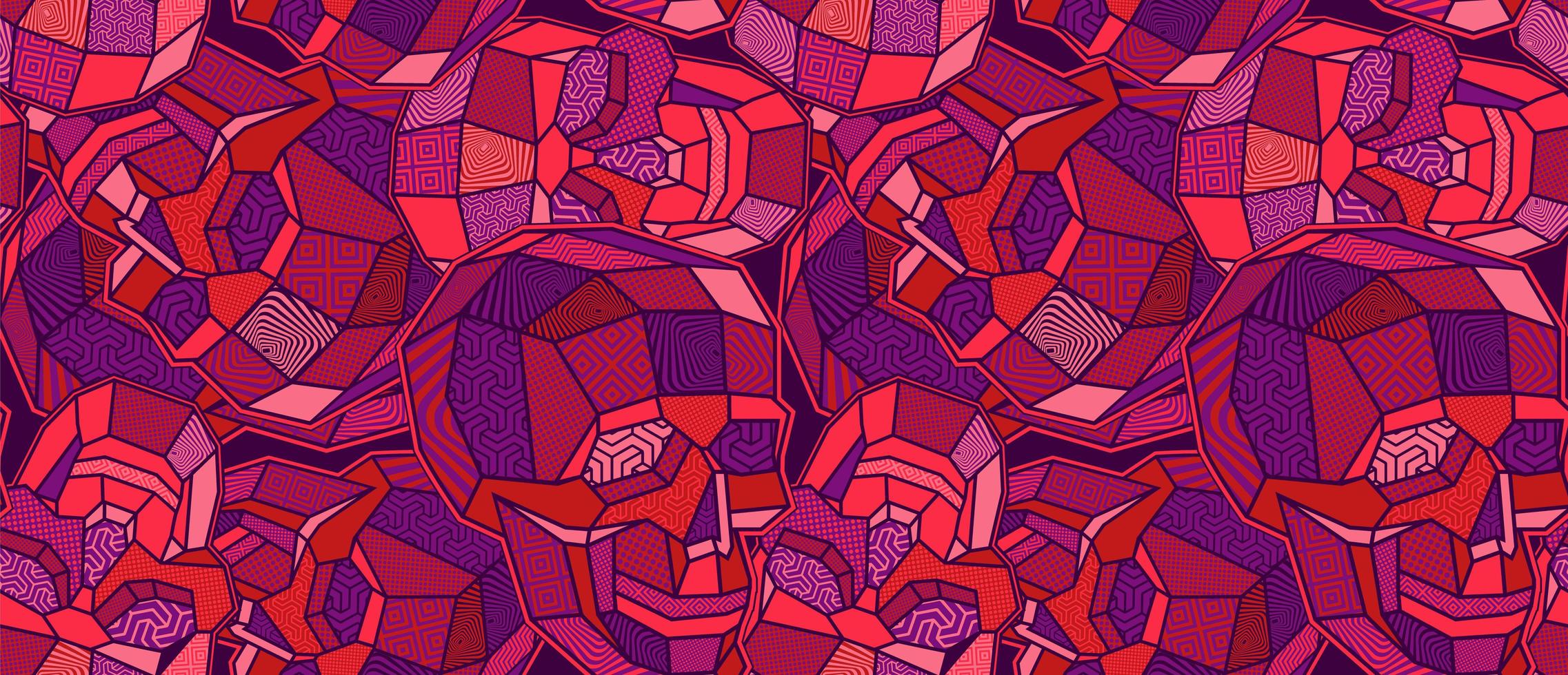 Purple and red toned polygon skull seamless pattern vector