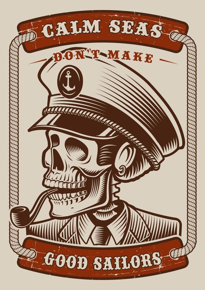 Cartel vintage en color del tema marino con capitán calavera vector