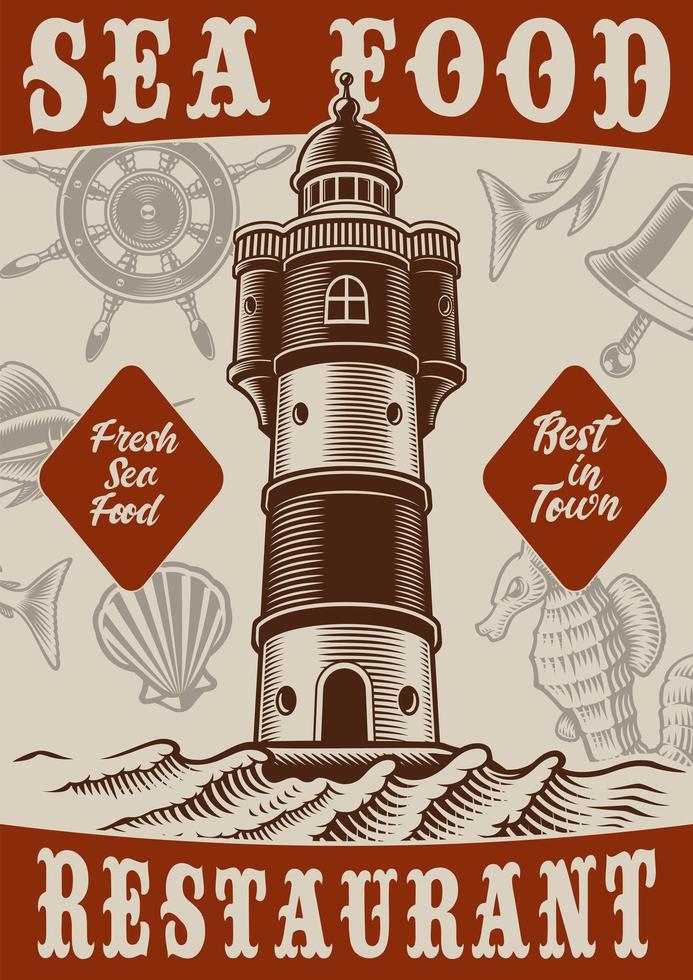 Colour vintage poster in marine theme with lighthouse vector