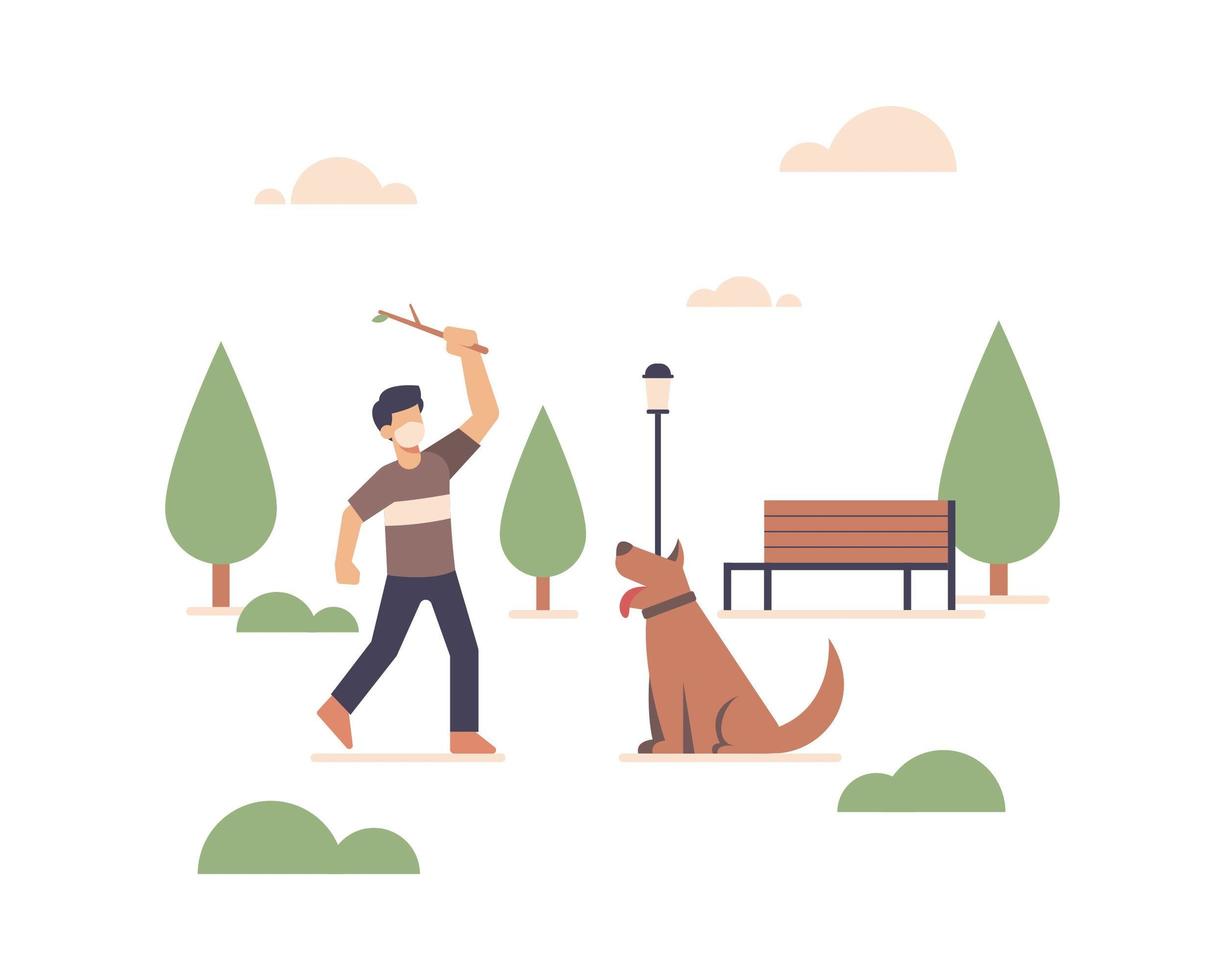 Hombre con una máscara facial y jugando con su perro en el parque. vector