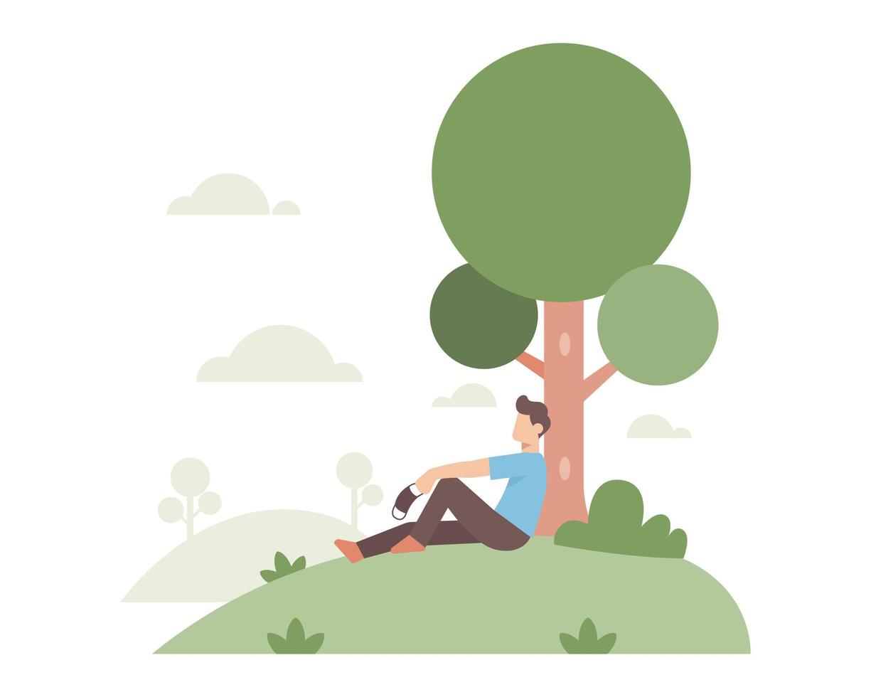 A man sitting under a big tree, and holding a face mask vector