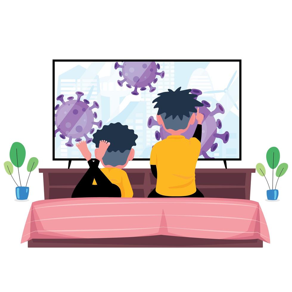 Two Kids Watching News About COVID-19 on TV vector