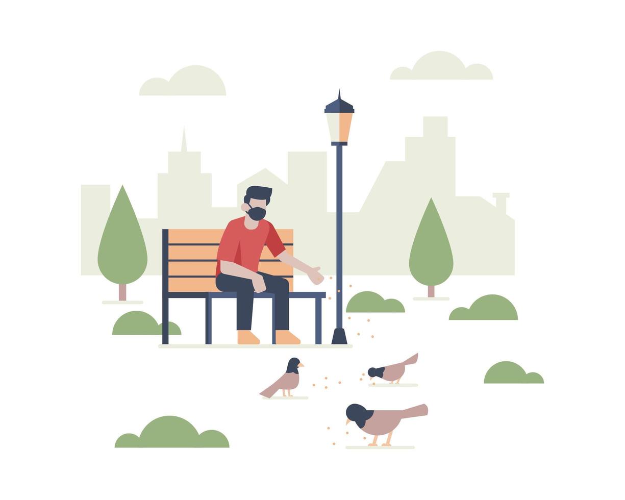 Man feeding birds in the park vector