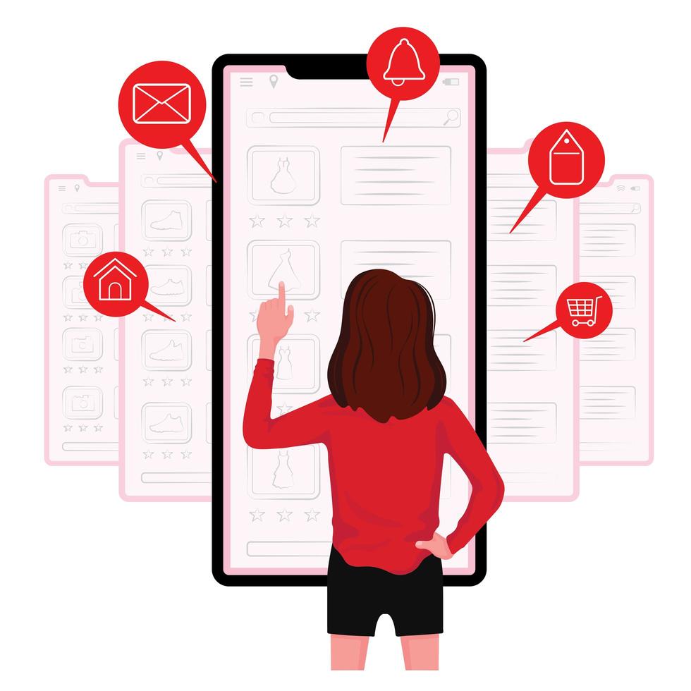 Woman Doing Various Online Tasks from Phone Screen vector
