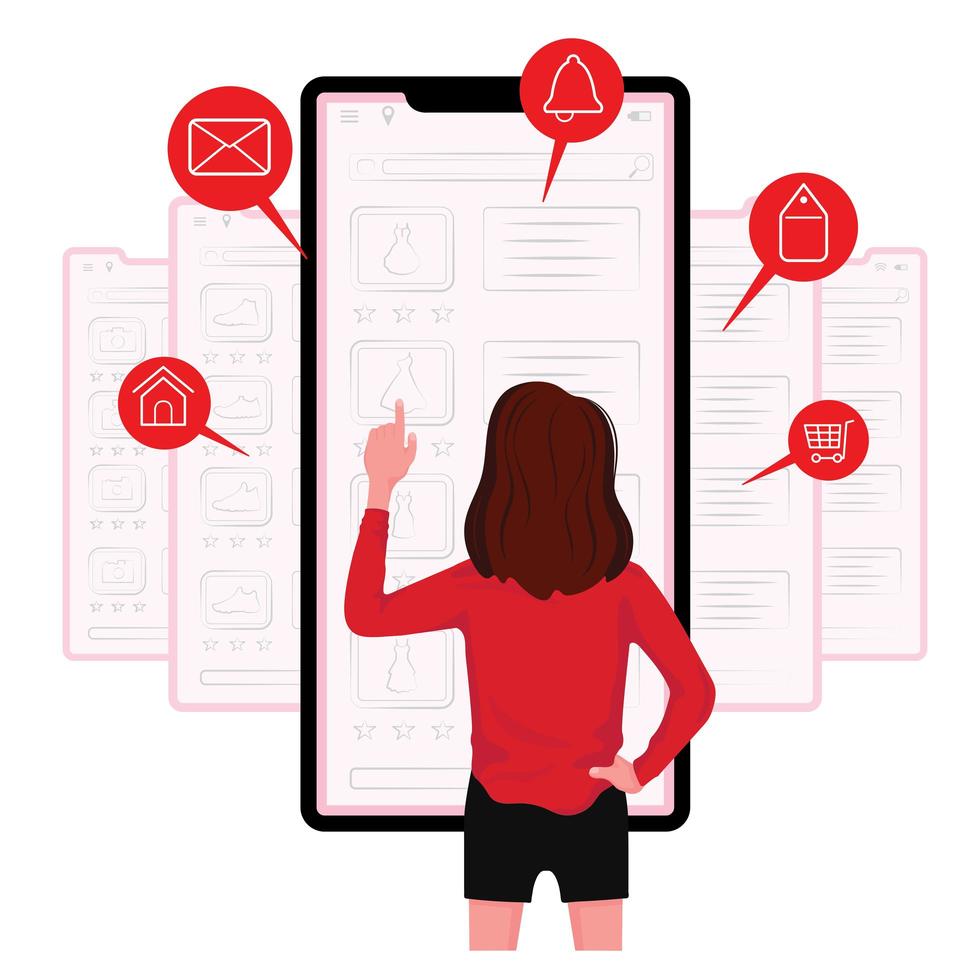 mujer haciendo varias tareas en línea desde la pantalla del teléfono vector