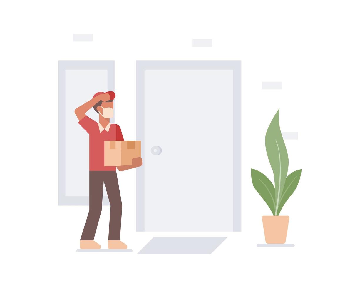 Delivery man wearing a face mask and holding a package vector