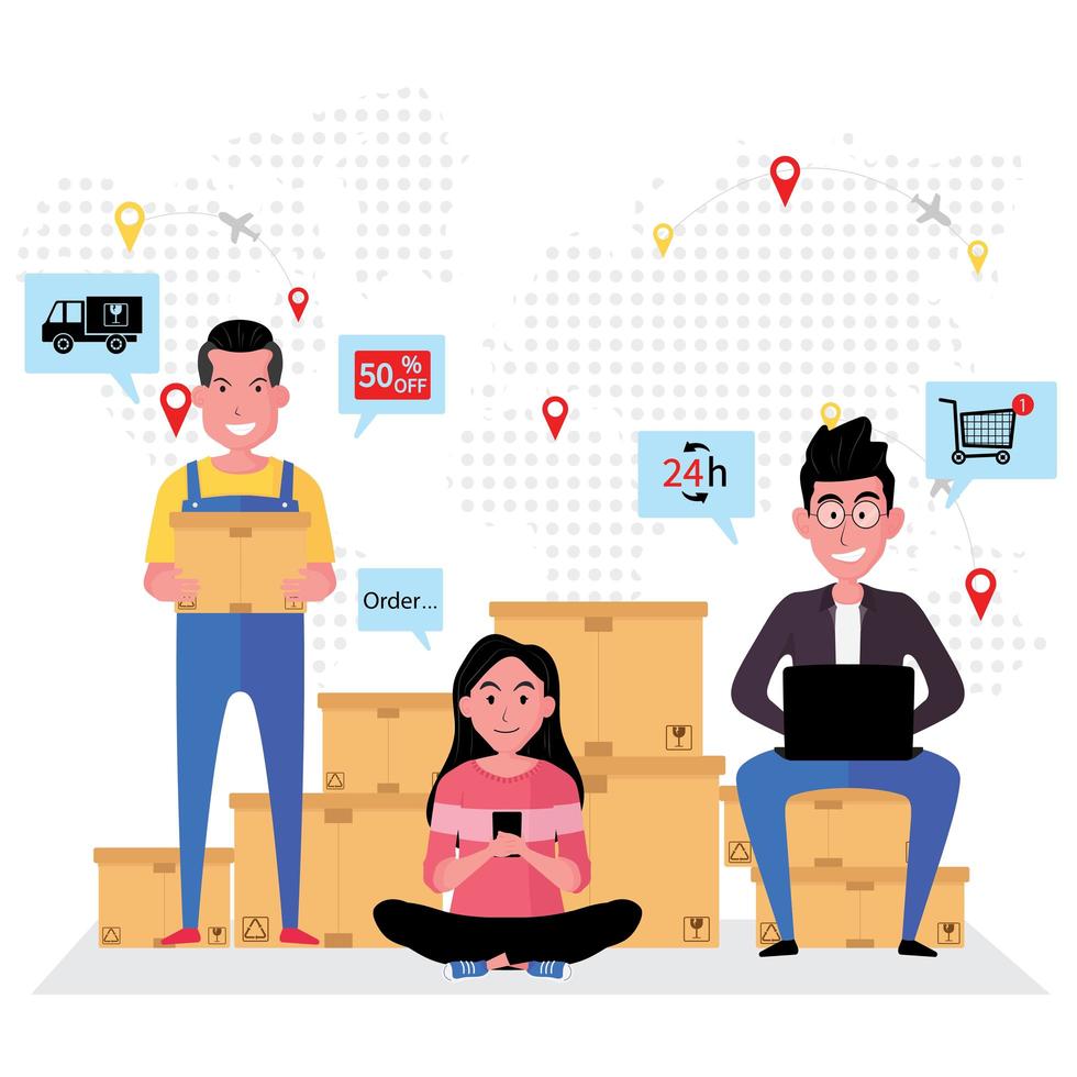 Man, Woman Selling Products Online 24-7 with Delivery Service vector