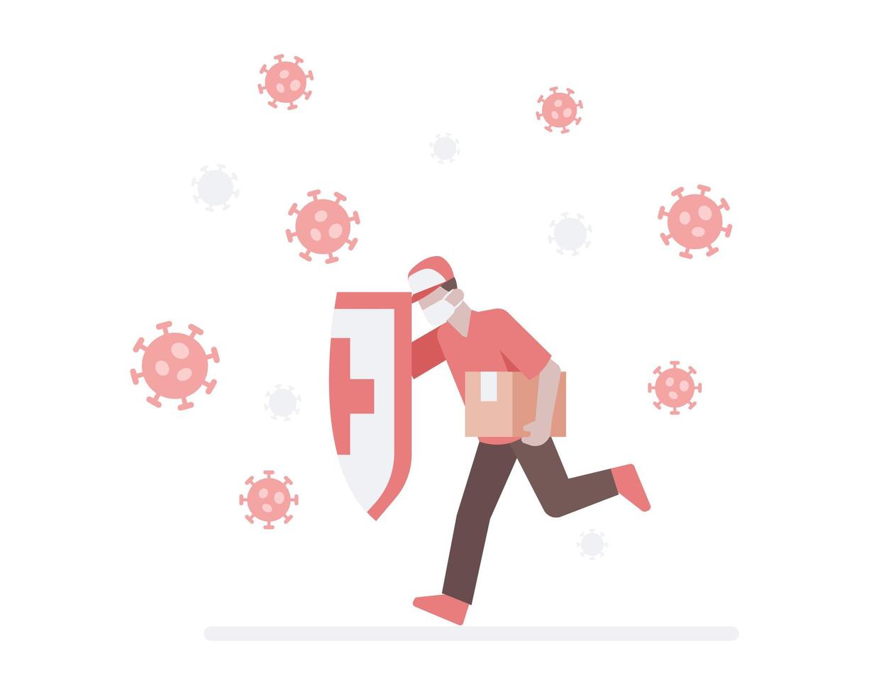 Delivery man wearing a face mask and holding a shield and a box vector