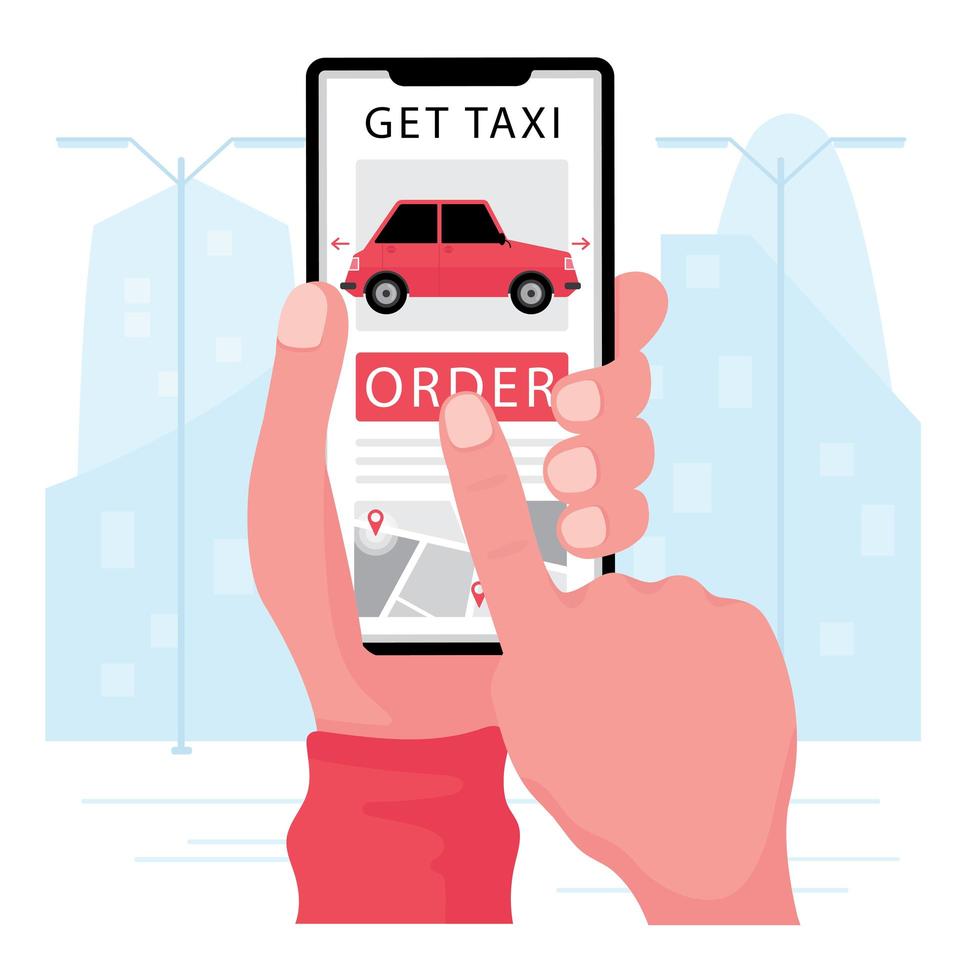 Reserva de taxi a mano desde el teléfono usando la aplicación vector