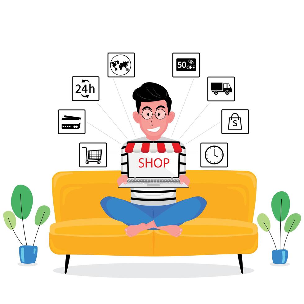 Man Sitting on Sofa Shops Online with Computer at Home vector