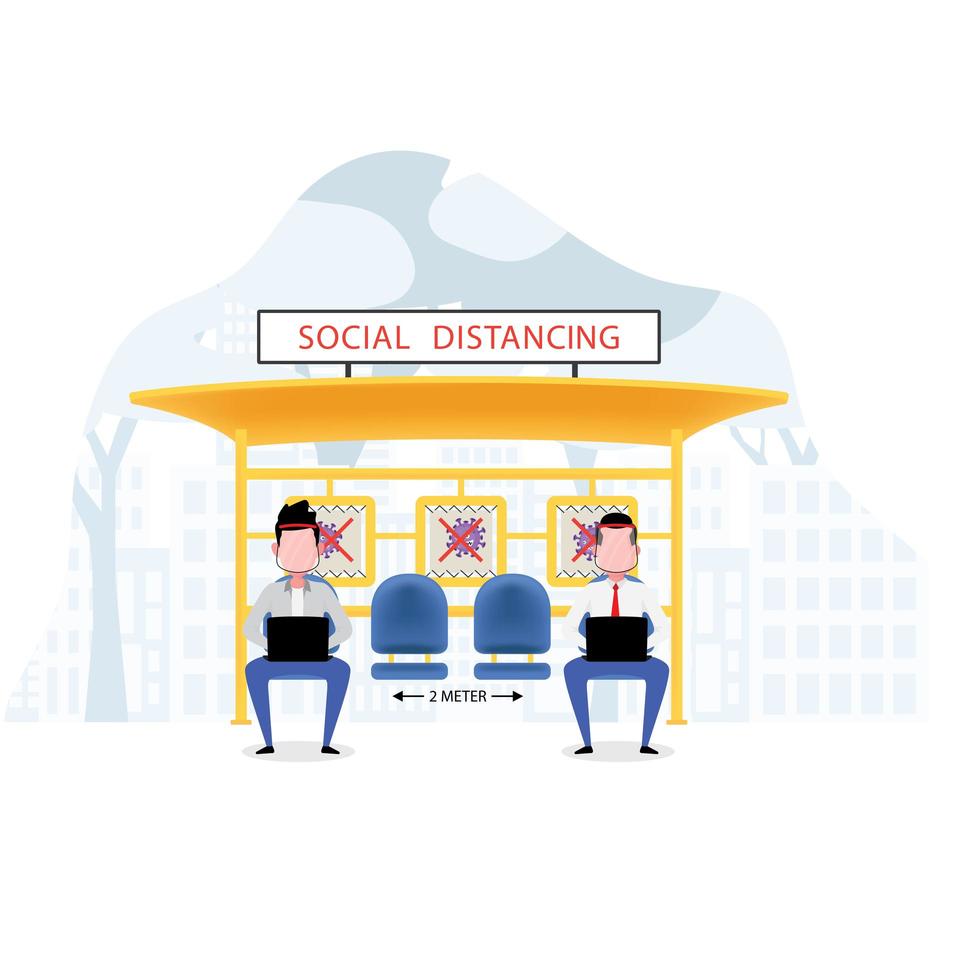 Two Men Social Distancing at Bus Station vector